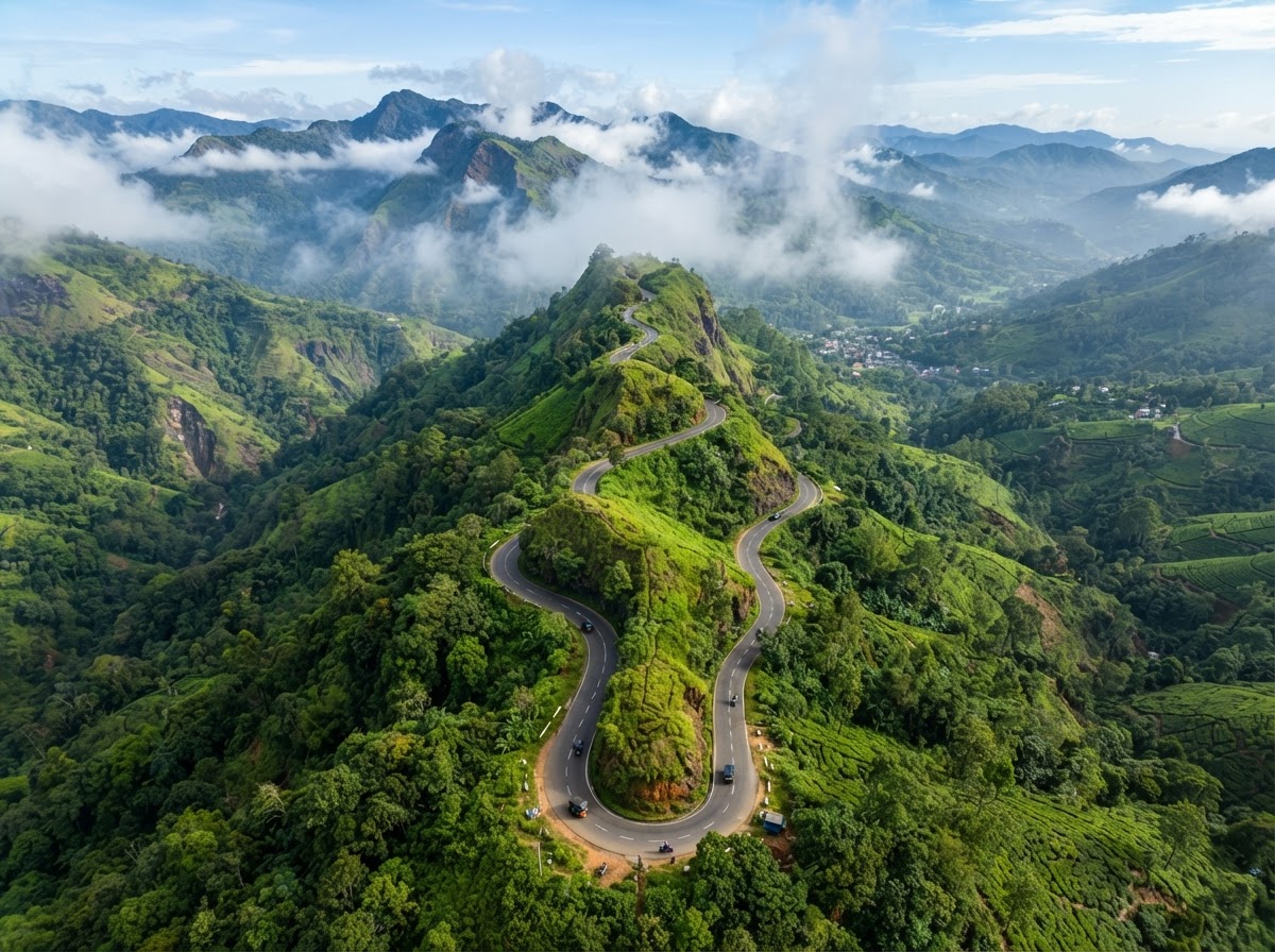 Winding road along a green mountain ridge with low clouds